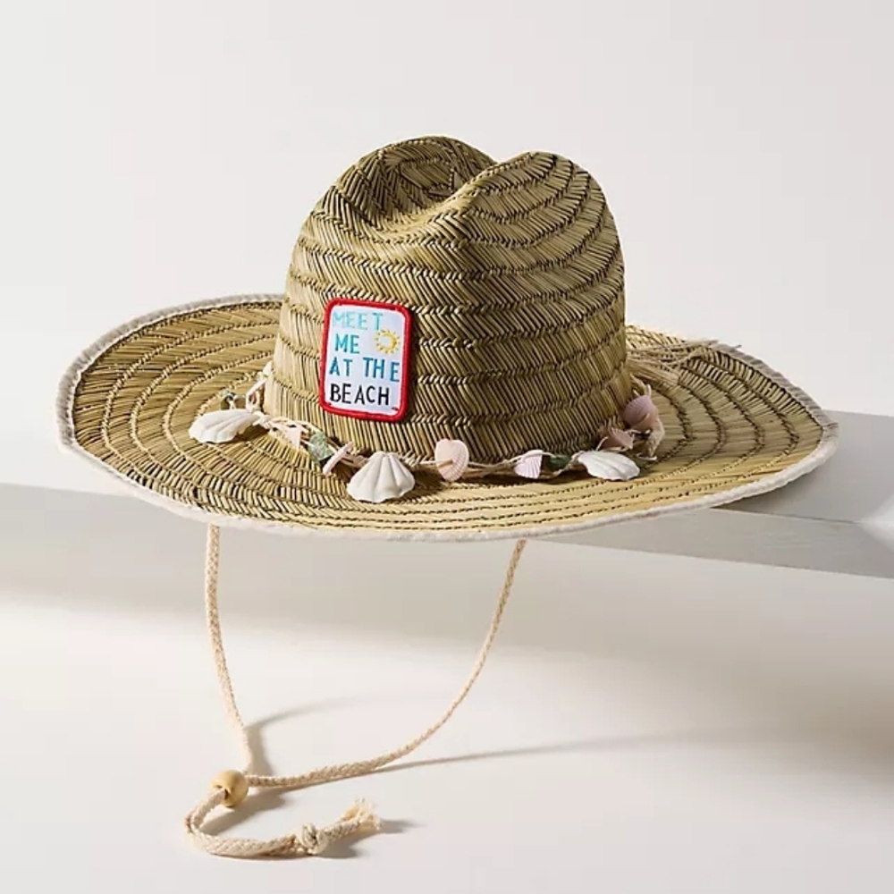 Anthropologie Lucky Zone Patch Lifeguard Straw Sun Hat “Meet Me At The Beach”